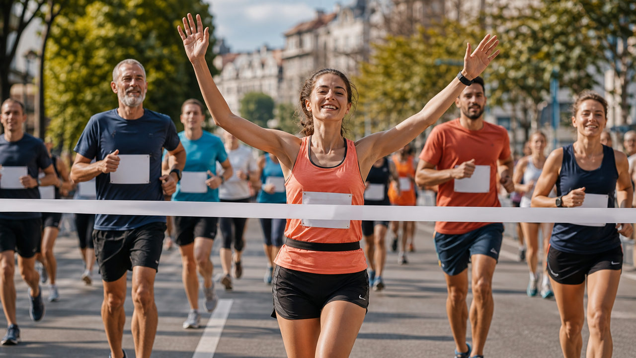 Coureur franchissant la ligne d'arrivée d'un 10 km sur route en milieu urbain