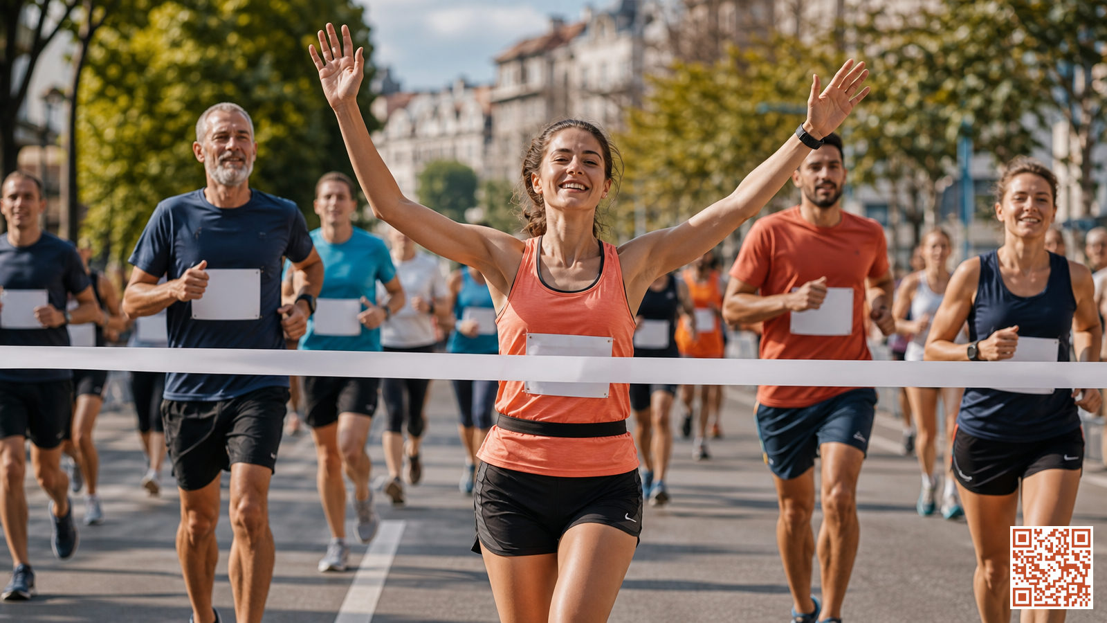 Coureur franchissant la ligne d'arrivée d'un 10 km sur route en milieu urbain
