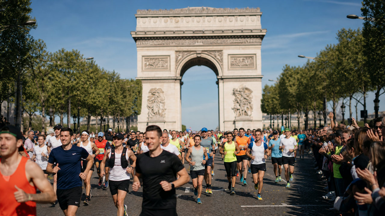Coureurs lors des 10 km et 5 km adidas de Paris sur un parcours emblématique de la capitale au printemps