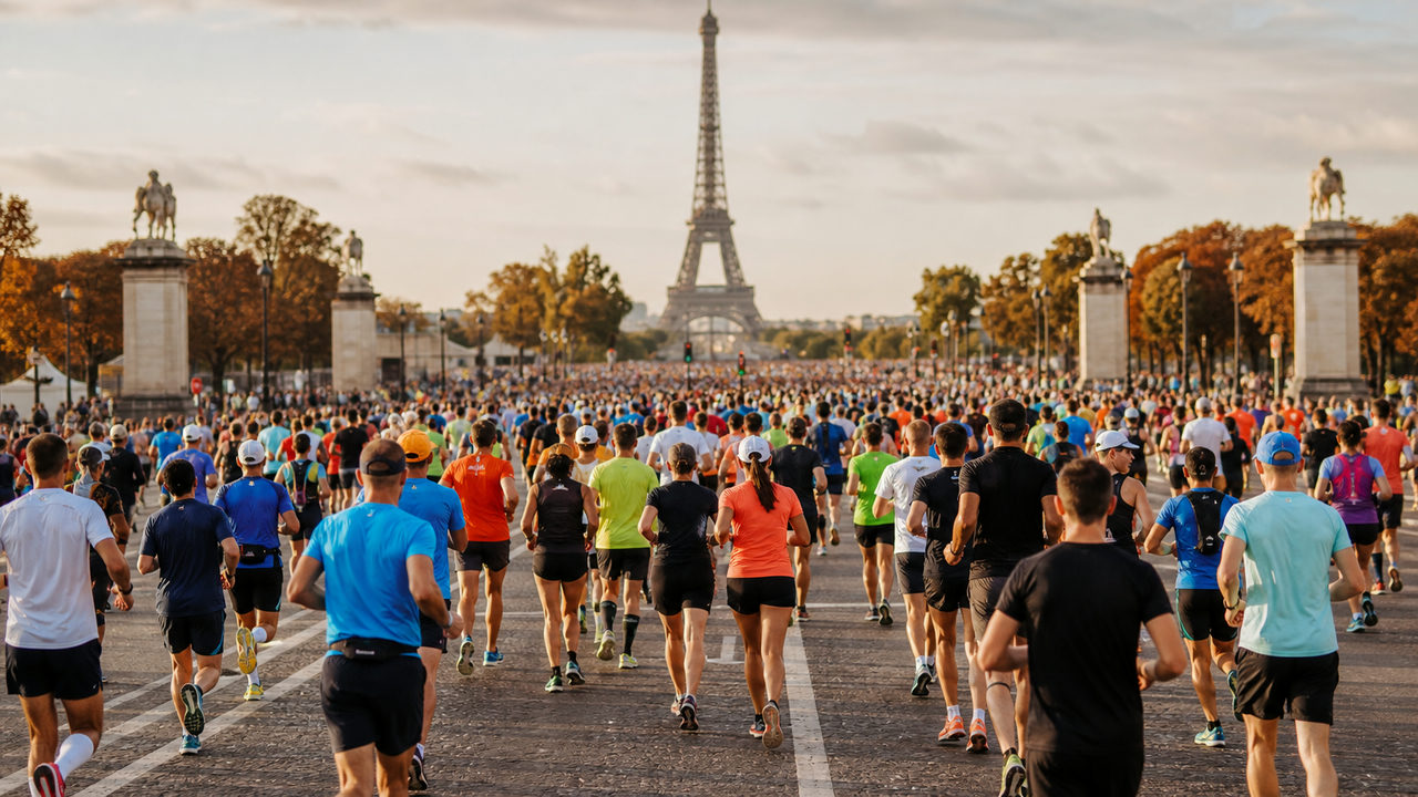 Des milliers de coureurs au départ des 20 km de Paris sur l'esplanade du Trocadéro, avec la Tour Eiffel en arrière-plan par une matinée d'octobre