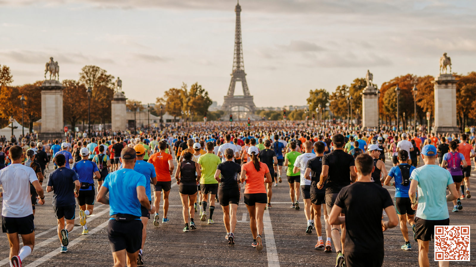 Des milliers de coureurs au départ des 20 km de Paris sur l'esplanade du Trocadéro, avec la Tour Eiffel en arrière-plan par une matinée d'octobre