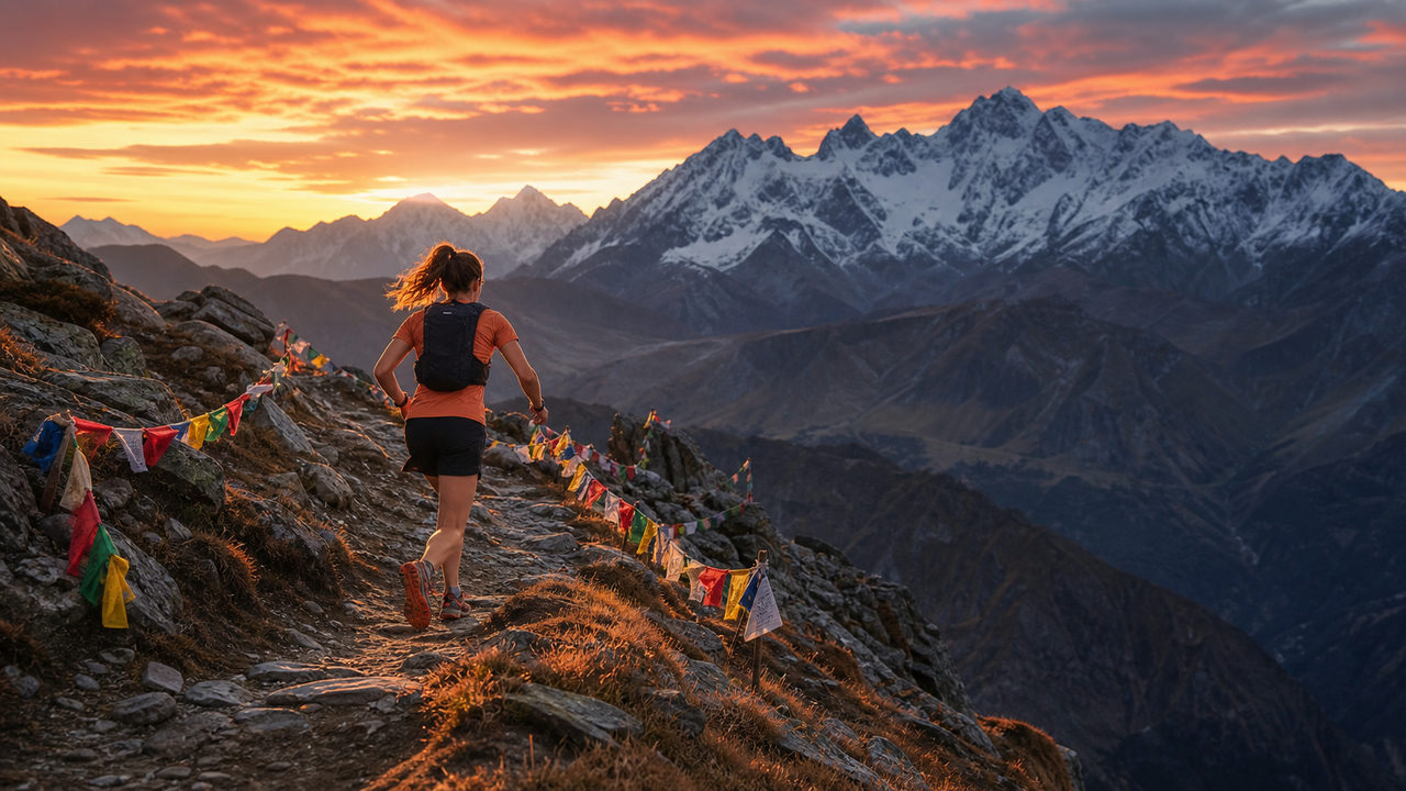 Coureur de trail sur un sentier de montagne balisé avec vue sur les sommets alpins au lever du soleil