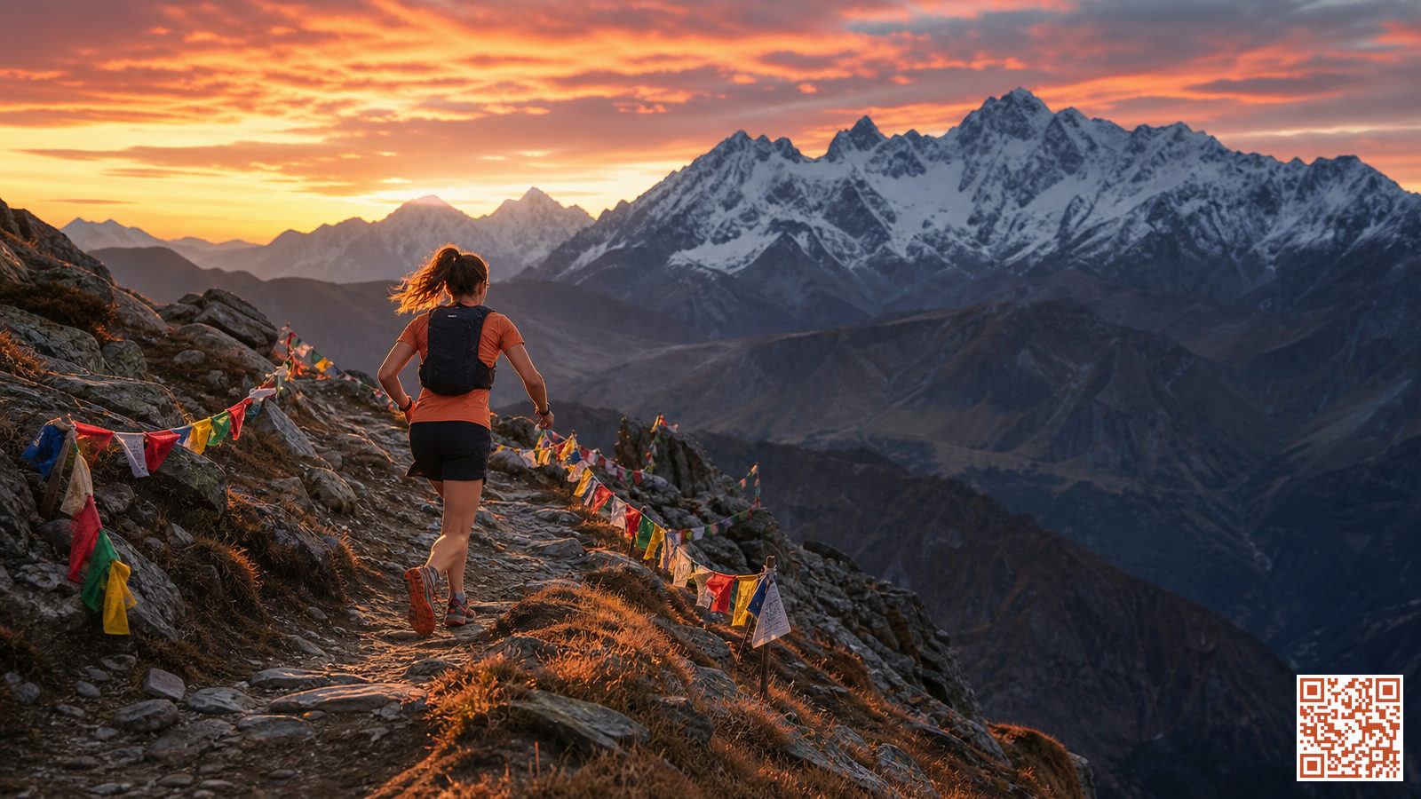 Coureur de trail sur un sentier de montagne balisé avec vue sur les sommets alpins au lever du soleil