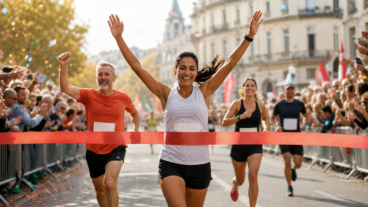 Coureurs de tous âges franchissant la ligne d'arrivée d'un marathon en ville