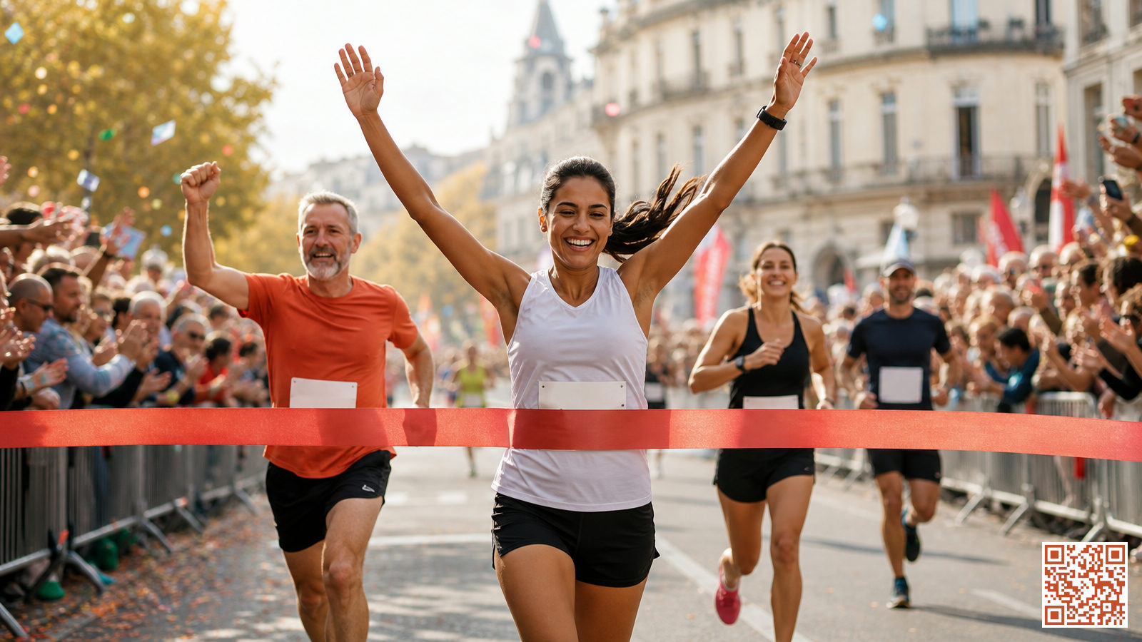 Coureurs de tous âges franchissant la ligne d'arrivée d'un marathon en ville