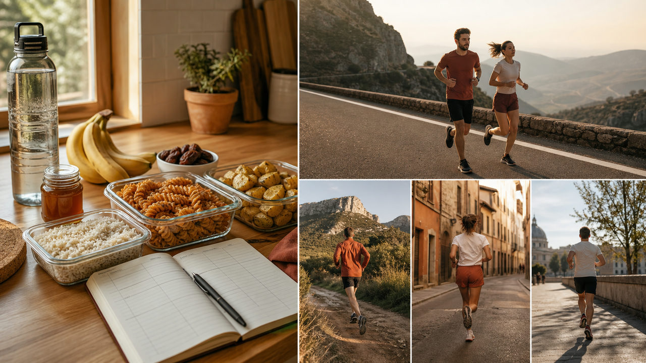 Préparation des repas d'un coureur de marathon avec féculents, fruits et boisson d'hydratation posés sur un plan de travail de cuisine