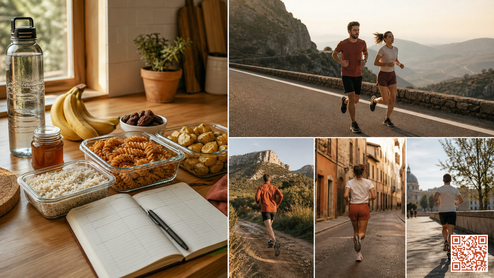 Préparation des repas d'un coureur de marathon avec féculents, fruits et boisson d'hydratation posés sur un plan de travail de cuisine