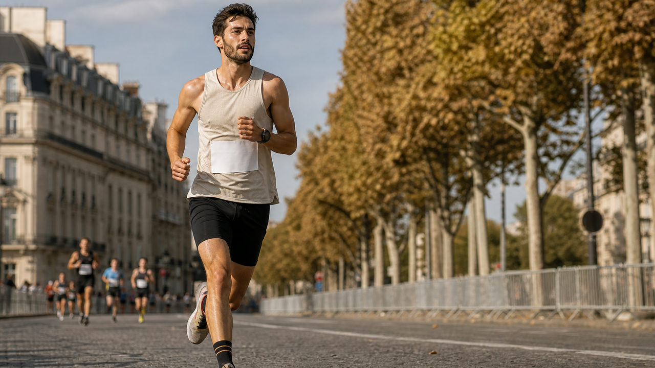 Coureur en plein effort lors d'un marathon urbain, montre GPS au poignet, dossard de course visible