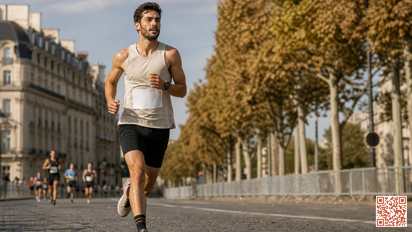Coureur en plein effort lors d'un marathon urbain, montre GPS au poignet, dossard de course visible