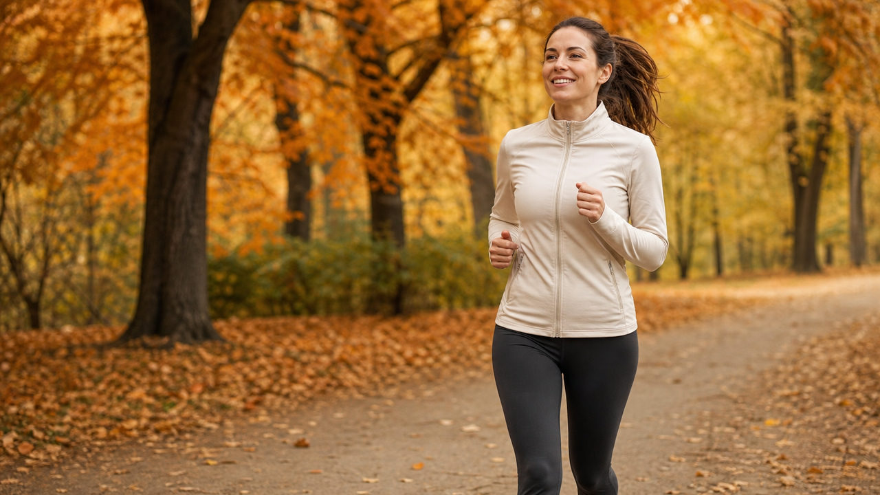 Coureur en train de jogger sur un sentier de parc en automne, illustrant les bénéfices physiques et mentaux de la course à pied régulière