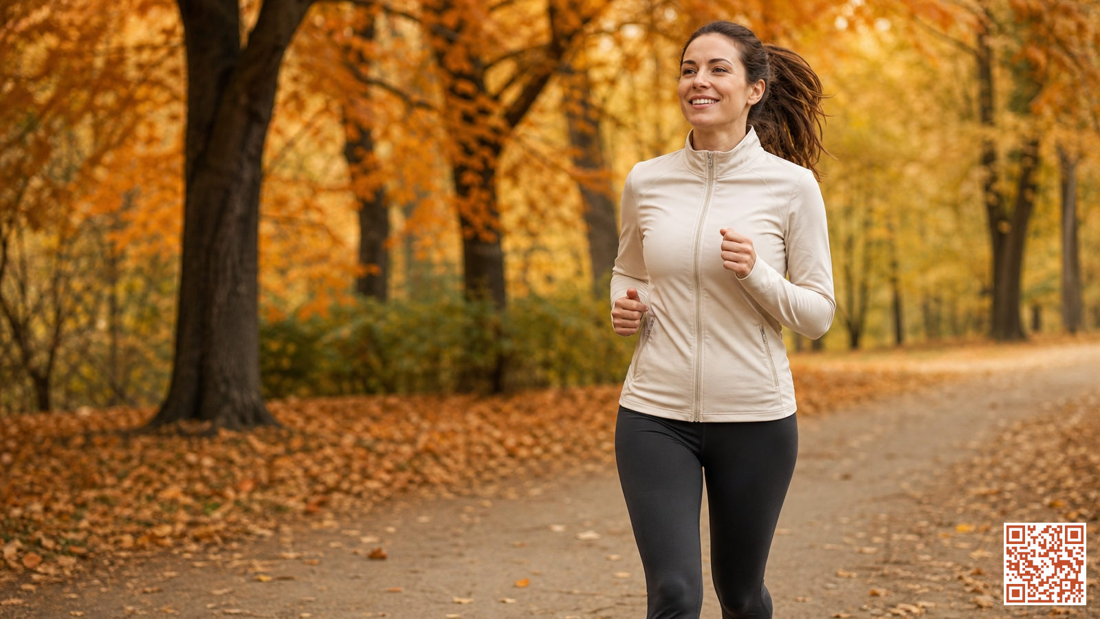 Coureur en train de jogger sur un sentier de parc en automne, illustrant les bénéfices physiques et mentaux de la course à pied régulière