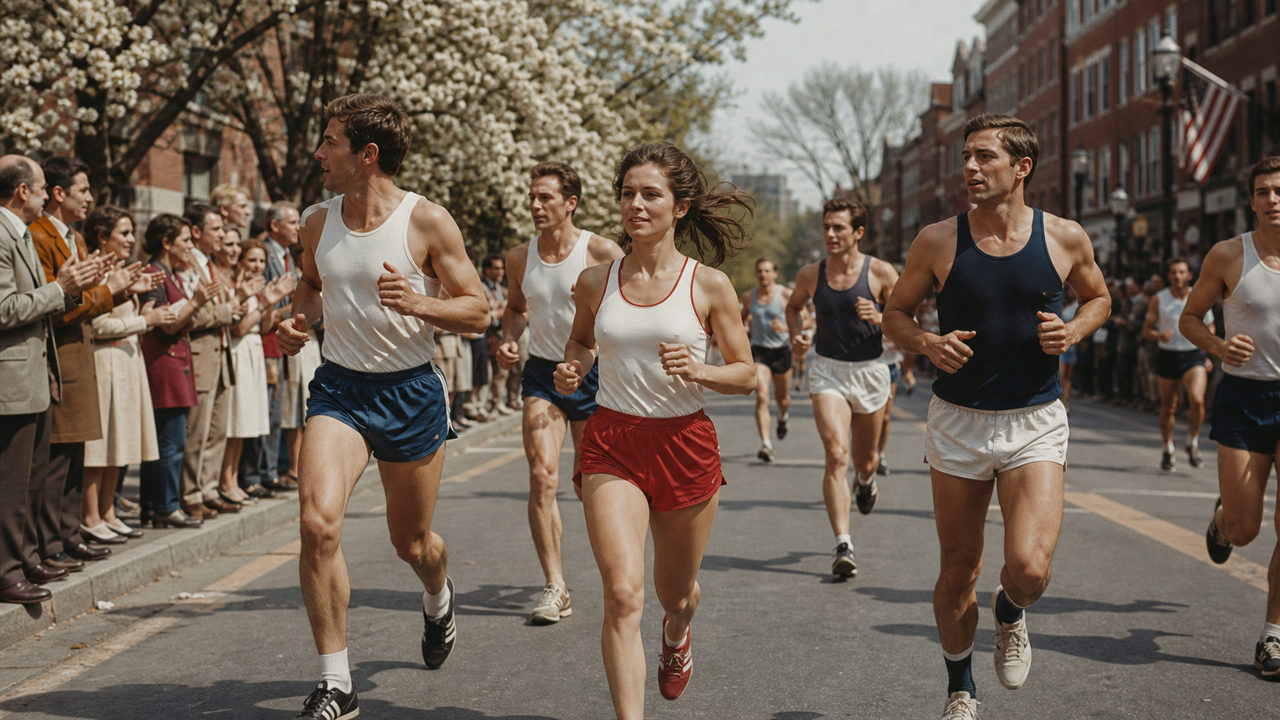 Femme courant parmi des hommes lors d'un marathon historique dans une ville américaine au printemps 1966
