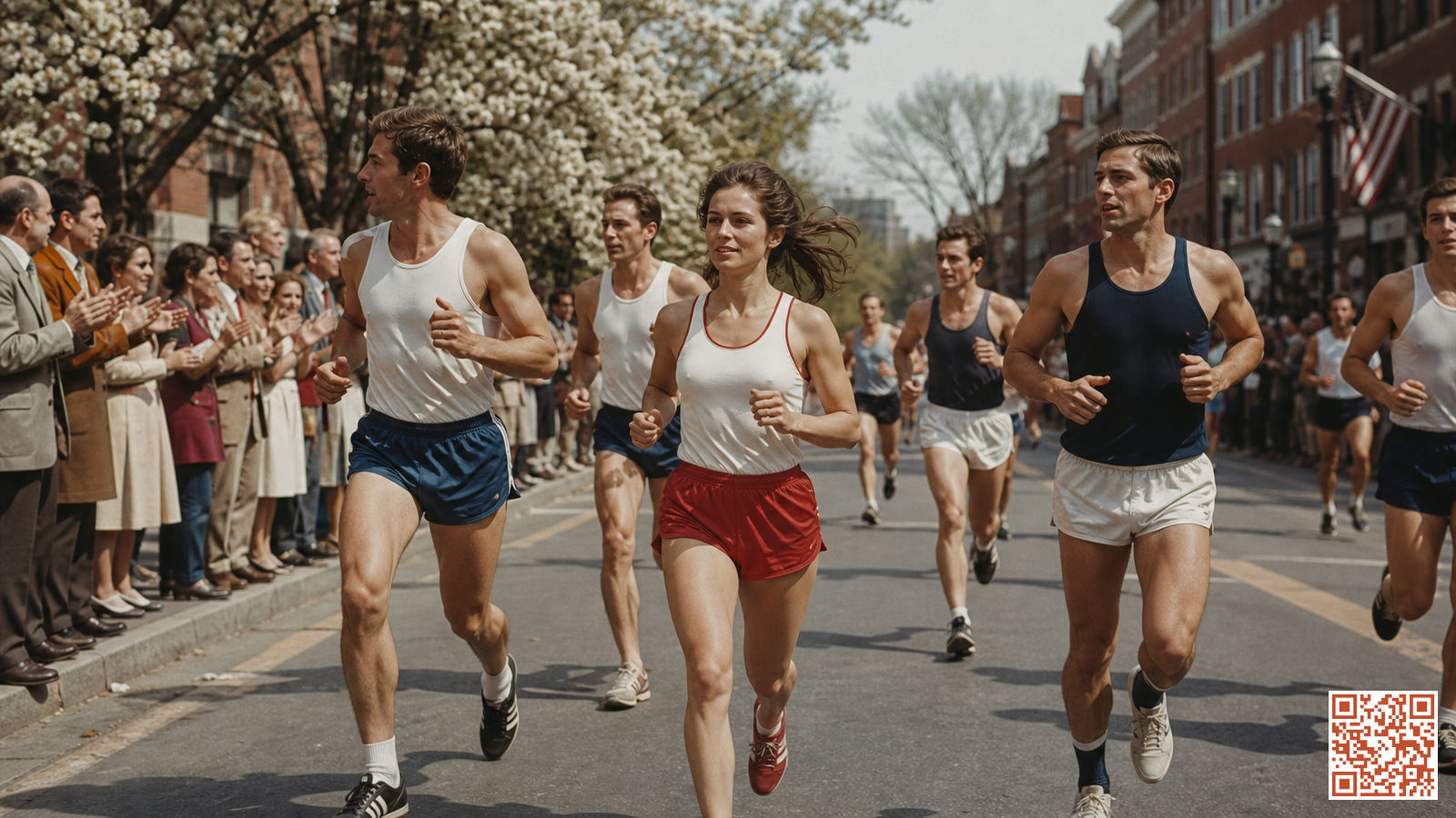 Femme courant parmi des hommes lors d'un marathon historique dans une ville américaine au printemps 1966
