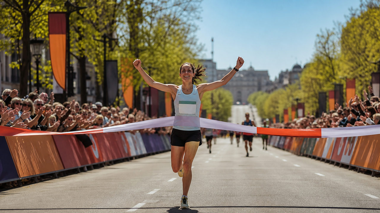 Coureur franchissant la ligne d'arrivée d'un grand marathon urbain sous une arche de finition avec foule en liesse