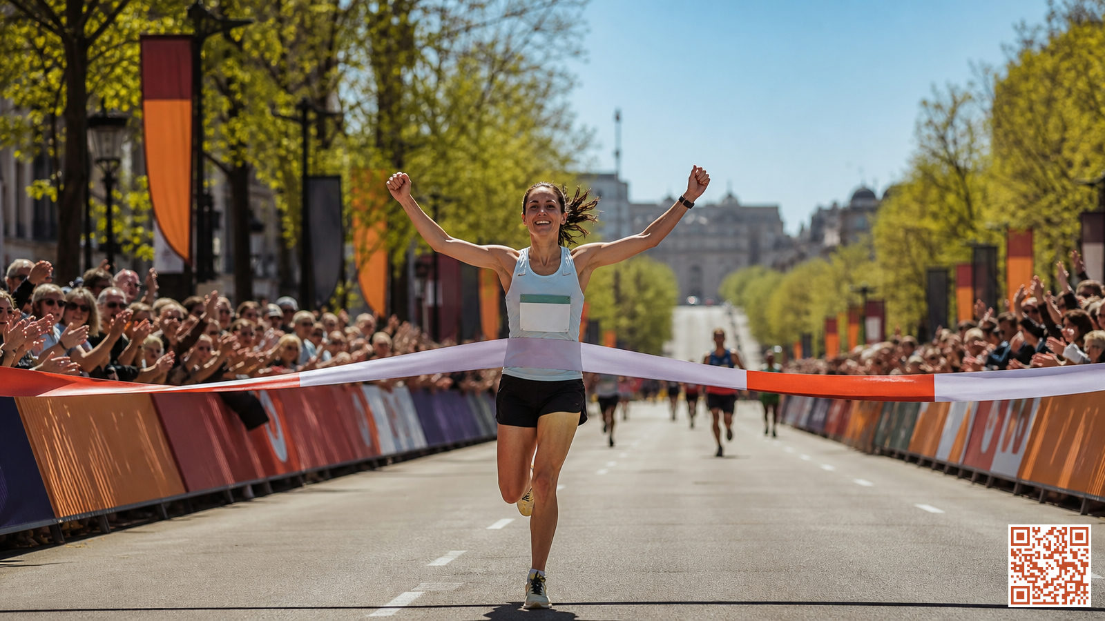 Coureur franchissant la ligne d'arrivée d'un grand marathon urbain sous une arche de finition avec foule en liesse