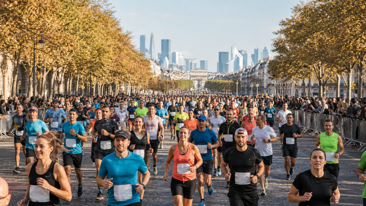 Coureurs en compétition lors d'un marathon urbain, dossards numérotés et spectateurs en bord de route