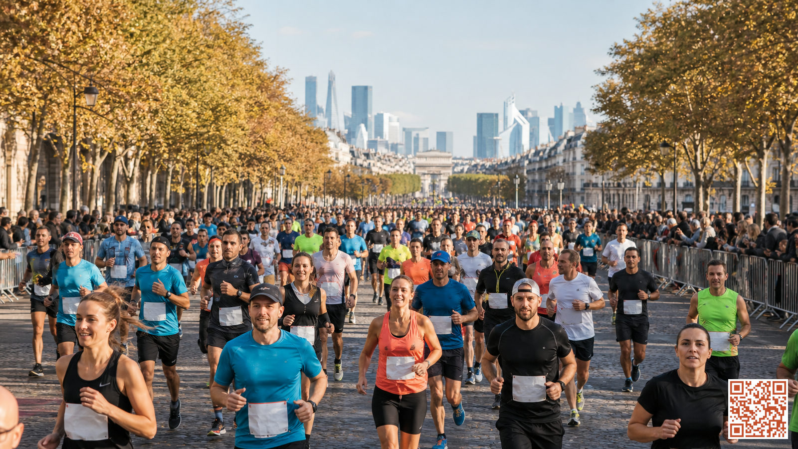 Coureurs en compétition lors d'un marathon urbain, dossards numérotés et spectateurs en bord de route