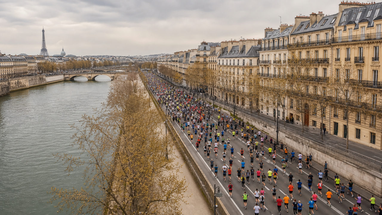 Coureurs participant à un semi-marathon dans les rues de Paris, le long de la Seine