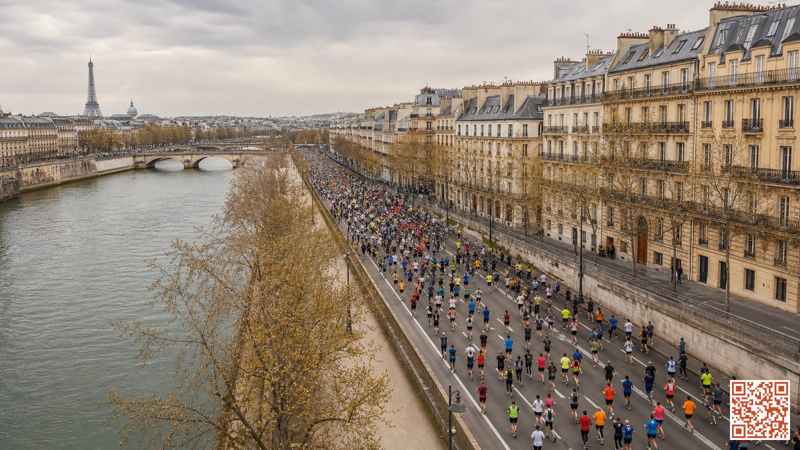 Coureurs participant à un semi-marathon dans les rues de Paris, le long de la Seine
