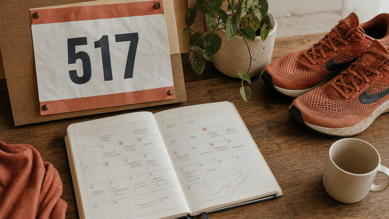 Dossard de course à pied posé sur un calendrier sportif annoté avec des dates de courses running