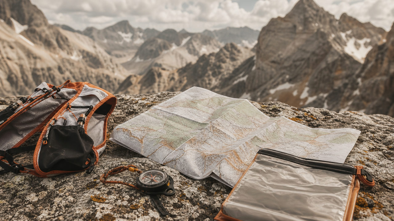 Carte topographique de trail dépliée sur un rocher en montagne avec boussole et gilet de trail