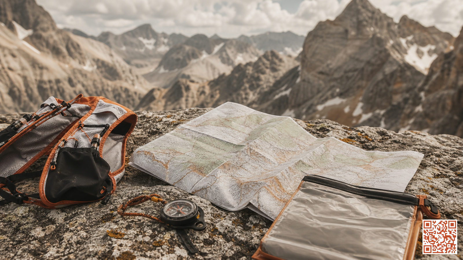 Carte topographique de trail dépliée sur un rocher en montagne avec boussole et gilet de trail