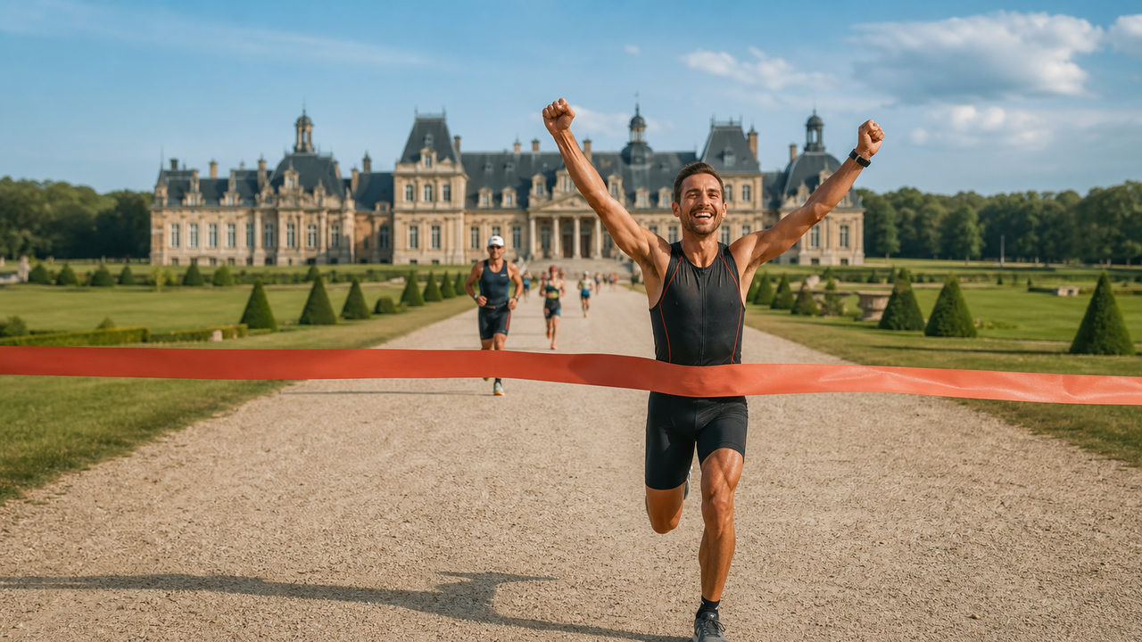 Triathlète franchissant la ligne d'arrivée devant un château en Île-de-France lors d'un triathlon
