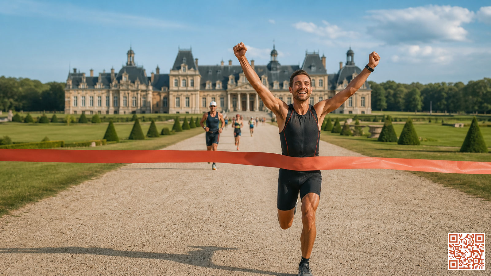 Triathlète franchissant la ligne d'arrivée devant un château en Île-de-France lors d'un triathlon
