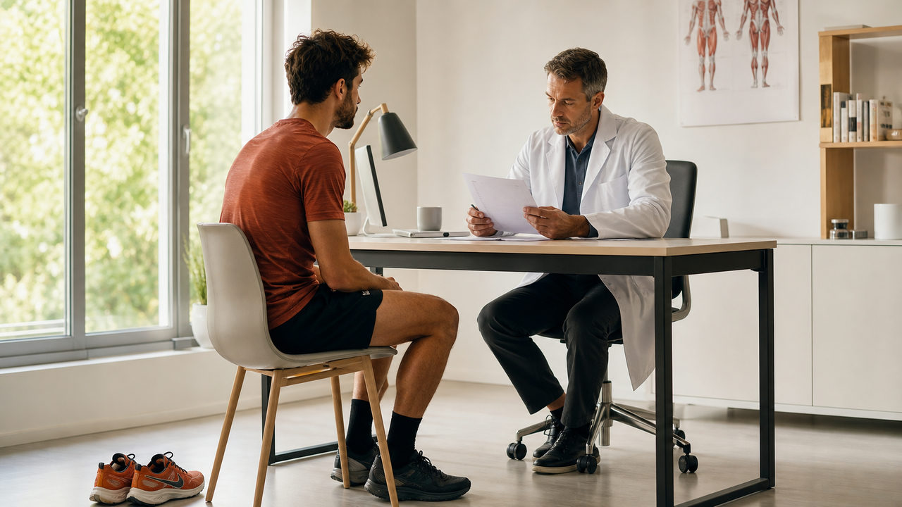 Coureur recevant son certificat médical de non-contre-indication auprès de son médecin traitant
