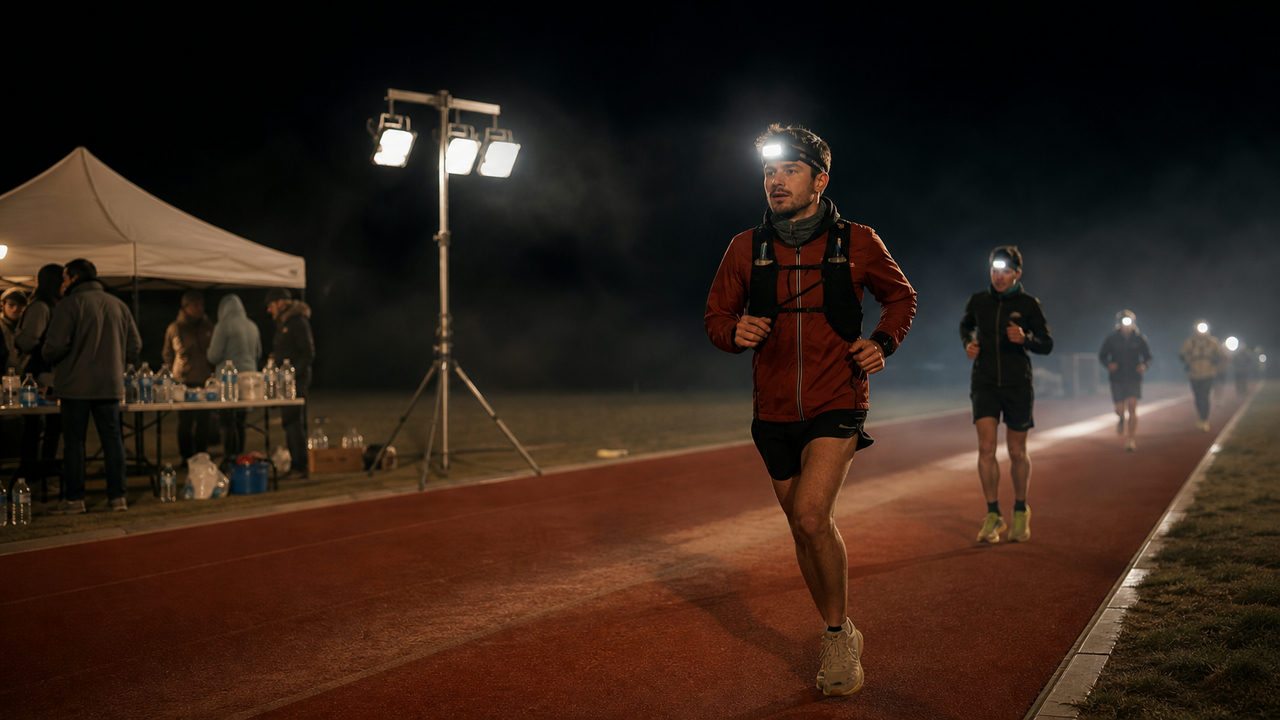 Coureurs sur circuit lors d'un championnat de 24 heures, de nuit, sous l'éclairage artificiel de la piste