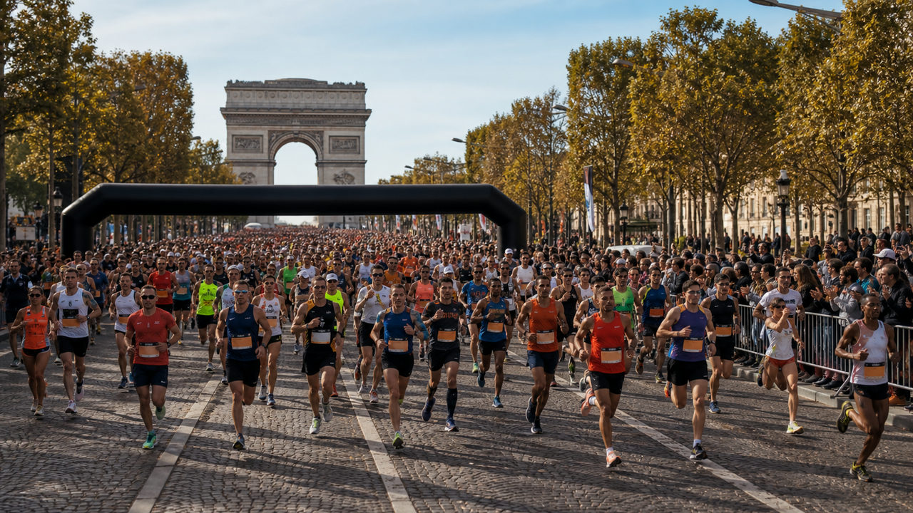 Départ d'un semi-marathon en ville avec des milliers de coureurs alignés sous une arche chronométrique officielle