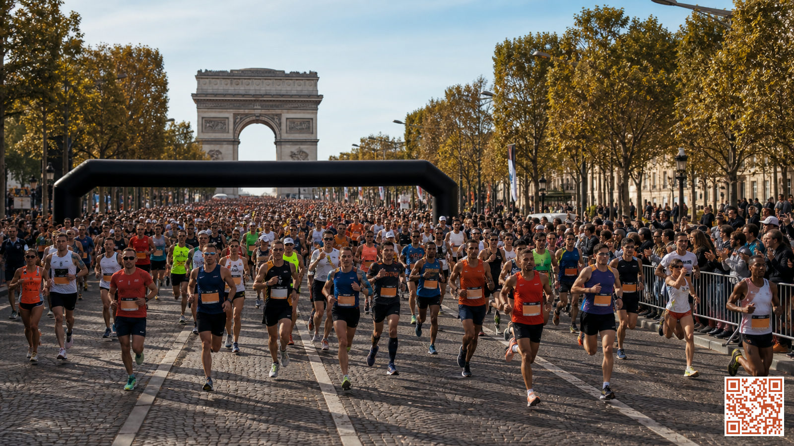 Départ d'un semi-marathon en ville avec des milliers de coureurs alignés sous une arche chronométrique officielle