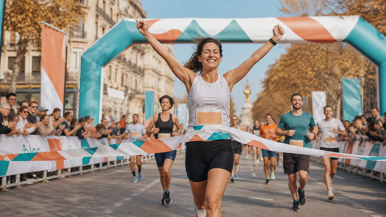 Coureur franchissant la ligne d'arrivée de son premier marathon, les bras levés dans un élan de fierté