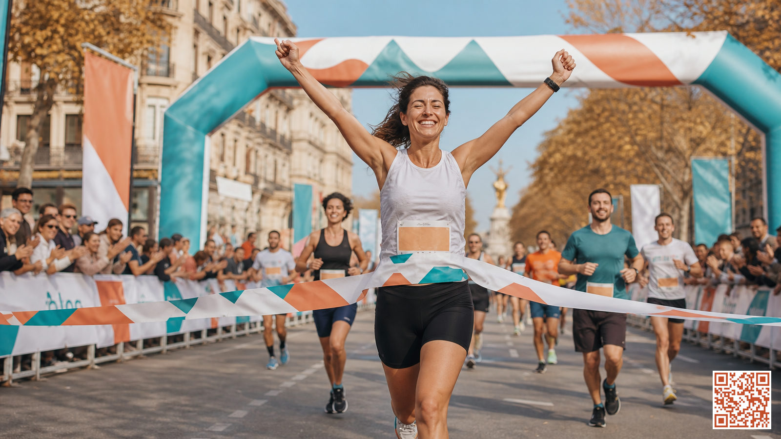 Coureur franchissant la ligne d'arrivée de son premier marathon, les bras levés dans un élan de fierté