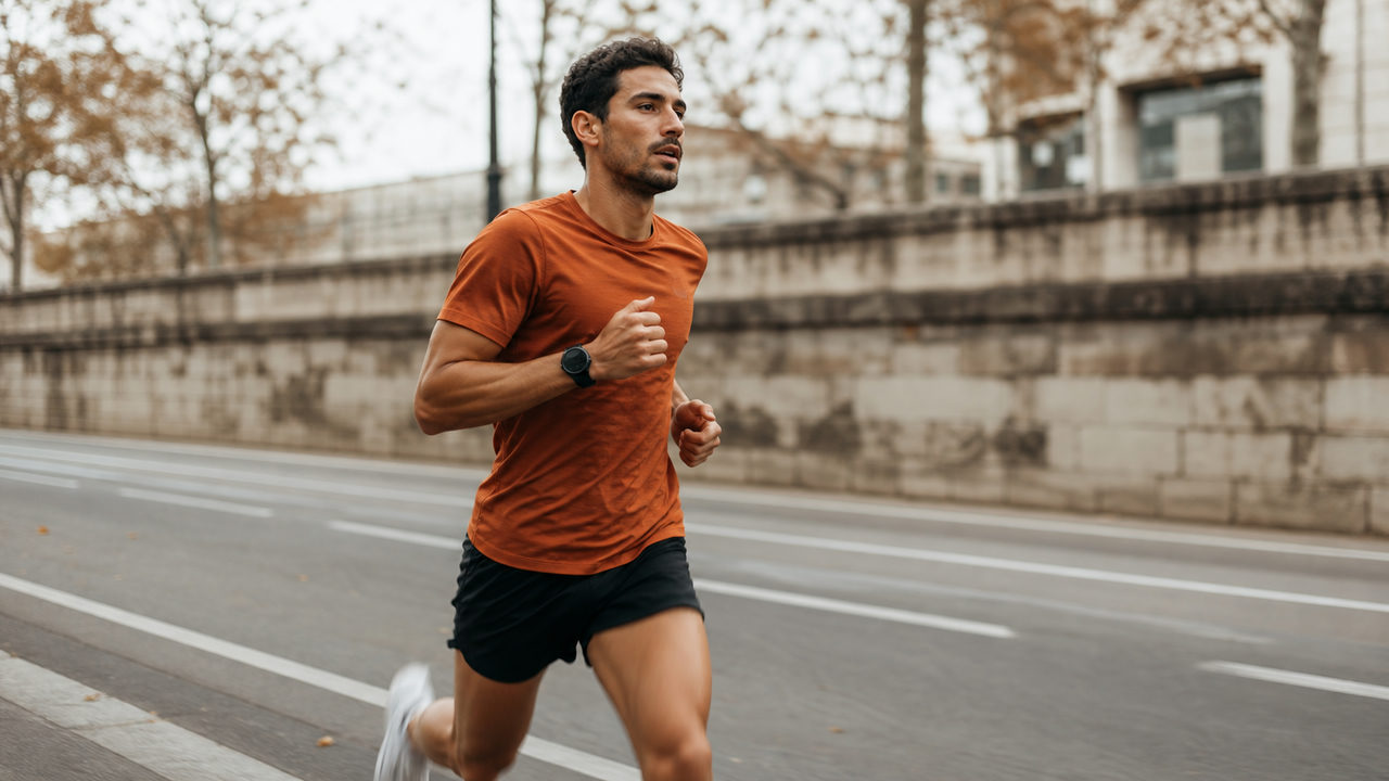 Coureur amateur maintenant une allure régulière lors d'un 10 km chronométré sur route