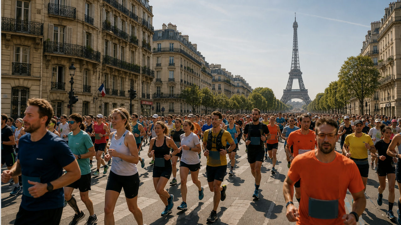 Coureurs avec dossards au départ d'une course à pied en Île-de-France, sur un large boulevard parisien