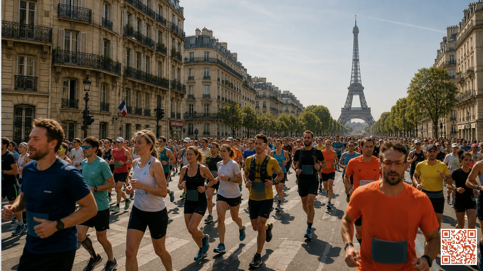 Coureurs avec dossards au départ d'une course à pied en Île-de-France, sur un large boulevard parisien