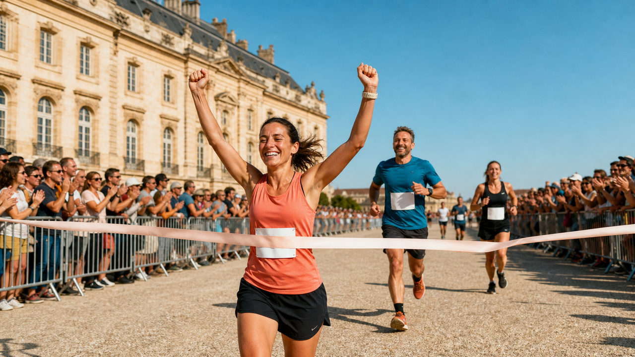 Coureurs franchissant la ligne d'arrivée lors d'une course populaire en Nouvelle-Aquitaine, devant une façade en pierre et une foule festive
