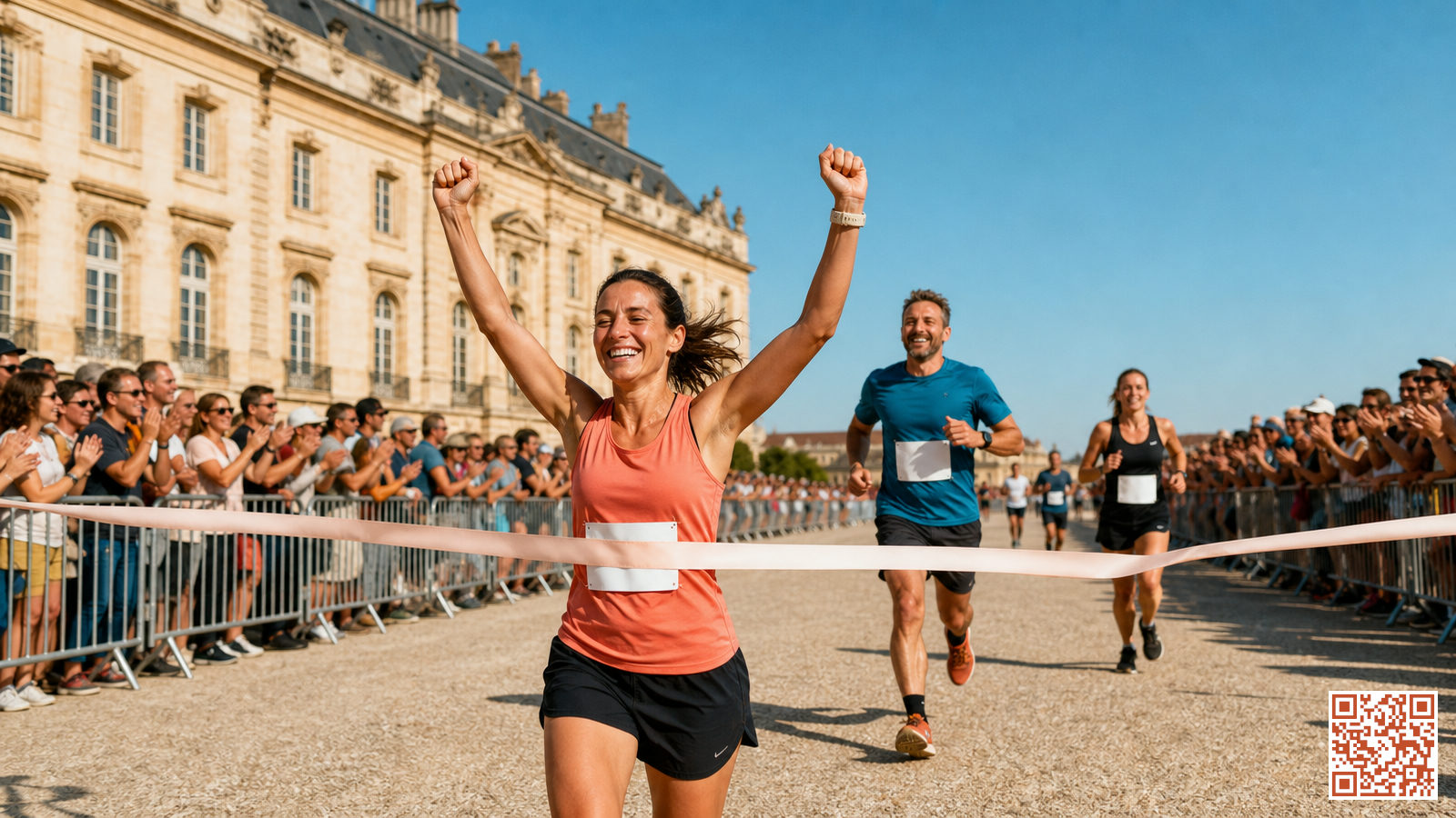 Coureurs franchissant la ligne d'arrivée lors d'une course populaire en Nouvelle-Aquitaine, devant une façade en pierre et une foule festive