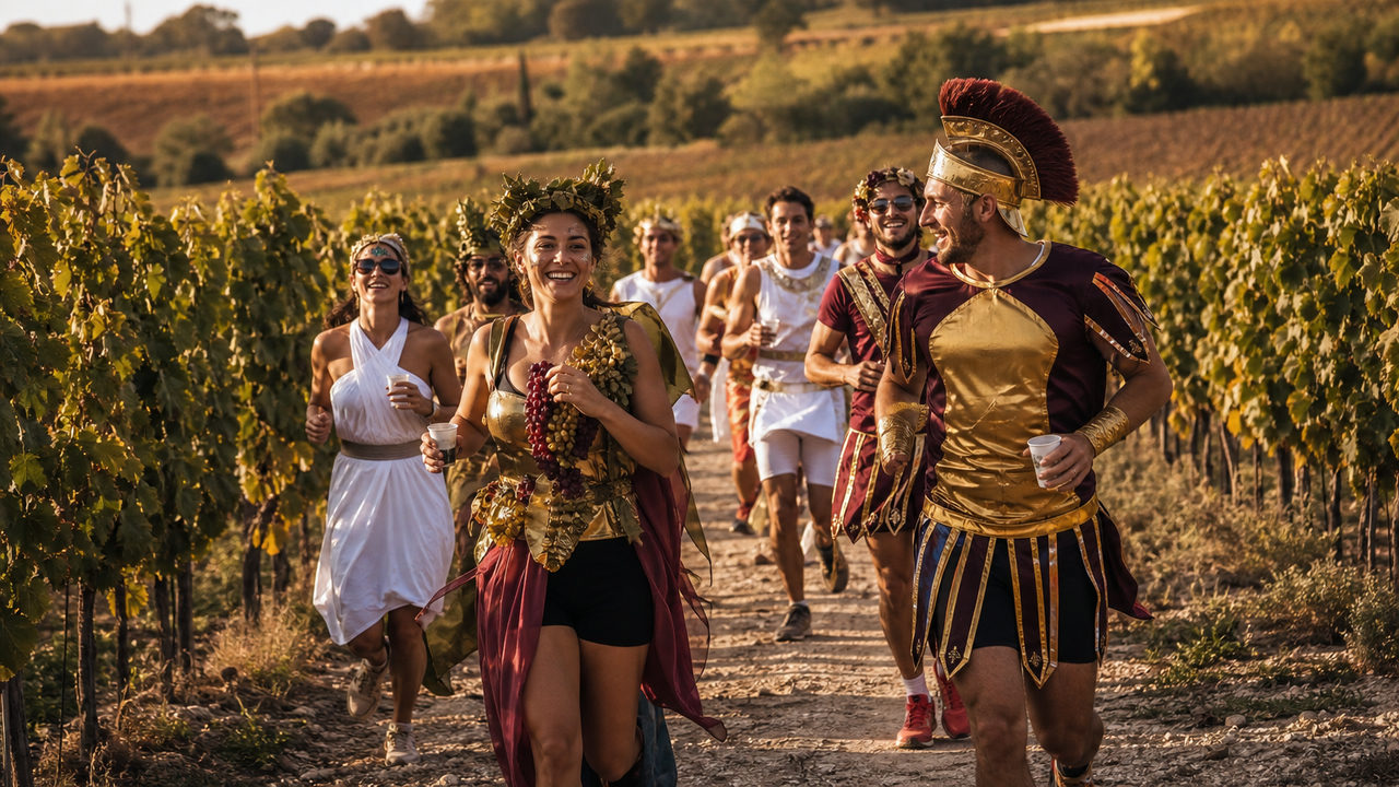 Coureurs en costume coloré traversant des vignobles lors d'une course festive et insolite