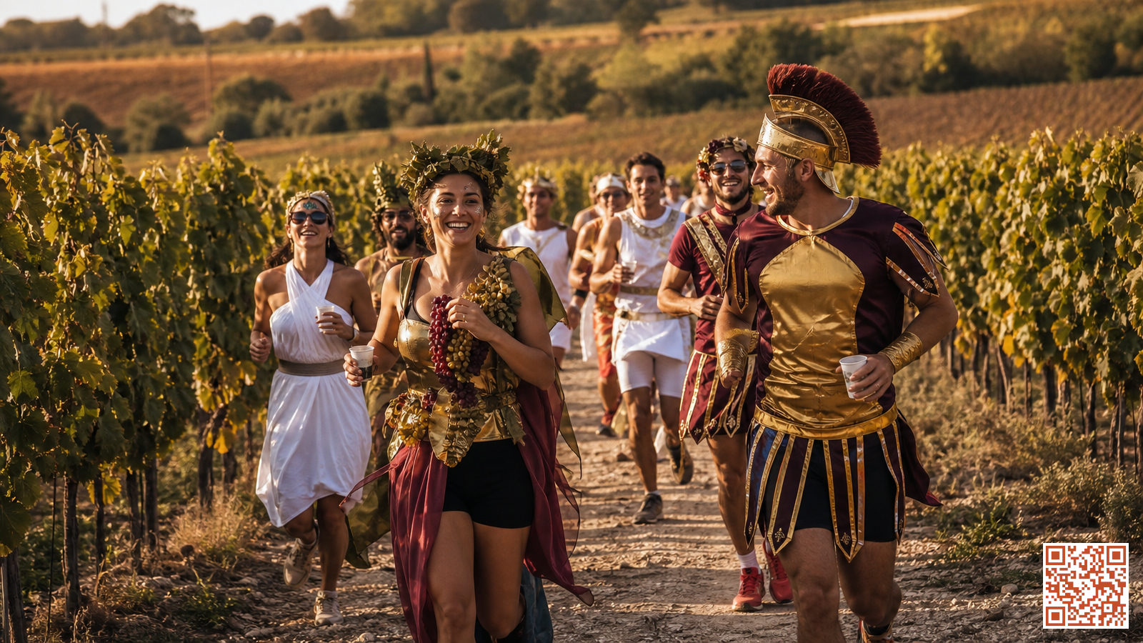 Coureurs en costume coloré traversant des vignobles lors d'une course festive et insolite