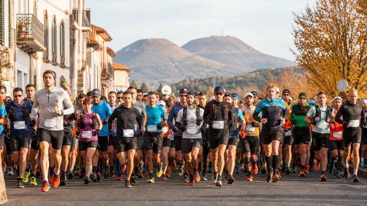 Coureurs amateurs sur une course à pied en Auvergne-Rhône-Alpes avec le Massif central en arrière-plan