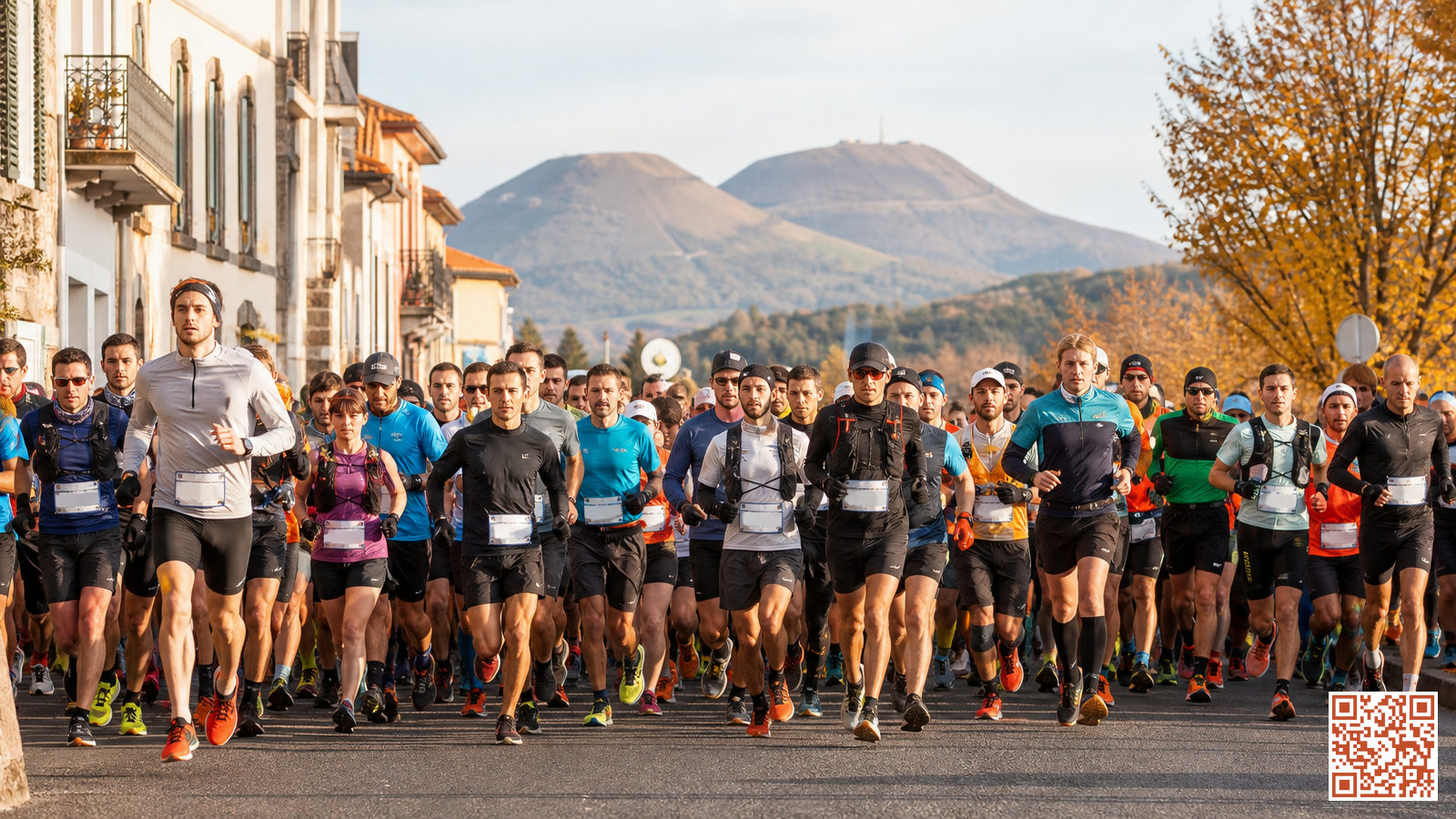 Coureurs amateurs sur une course à pied en Auvergne-Rhône-Alpes avec le Massif central en arrière-plan