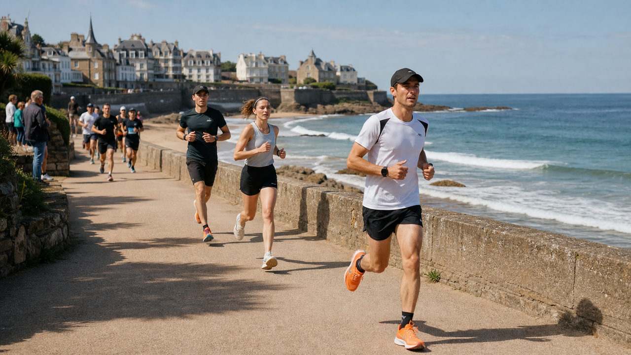 Coureurs en compétition sur le front de mer lors d'une course à pied en Bretagne et Pays de la Loire