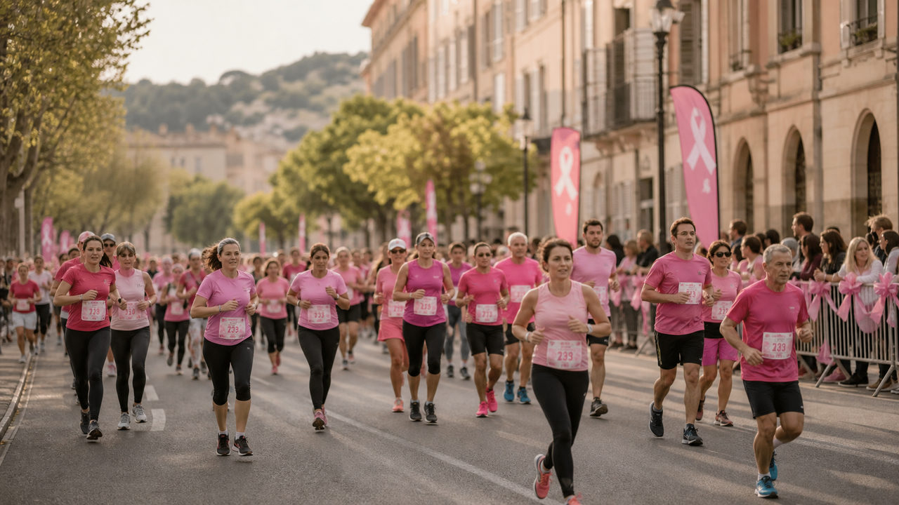 Coureurs portant des dossards roses lors d'une course caritative solidaire dans une ville française