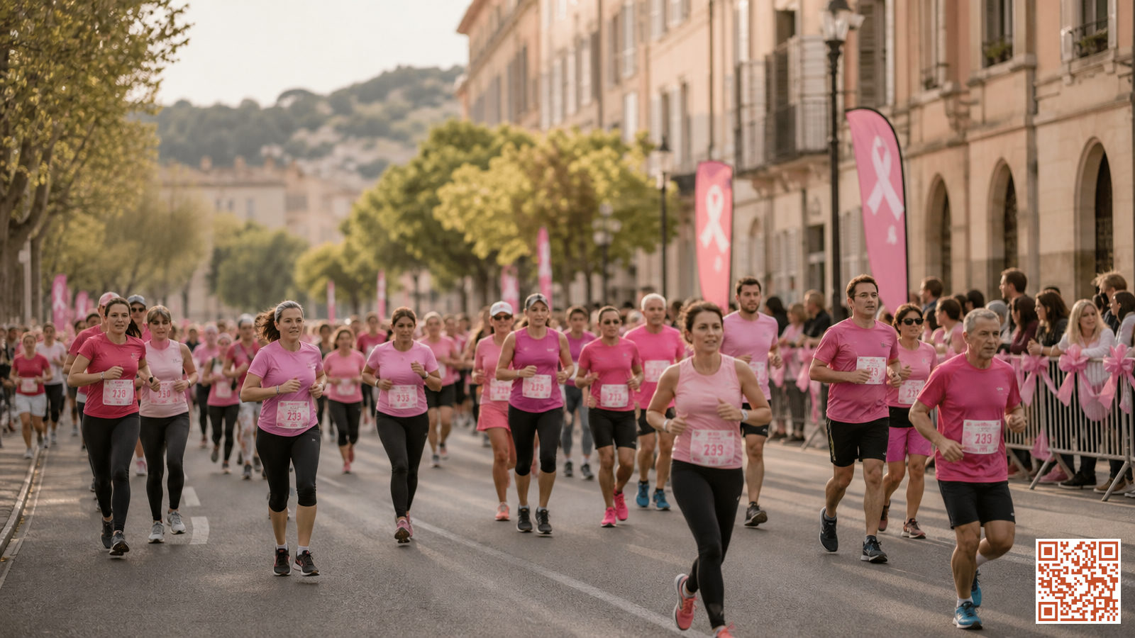 Coureurs portant des dossards roses lors d'une course caritative solidaire dans une ville française