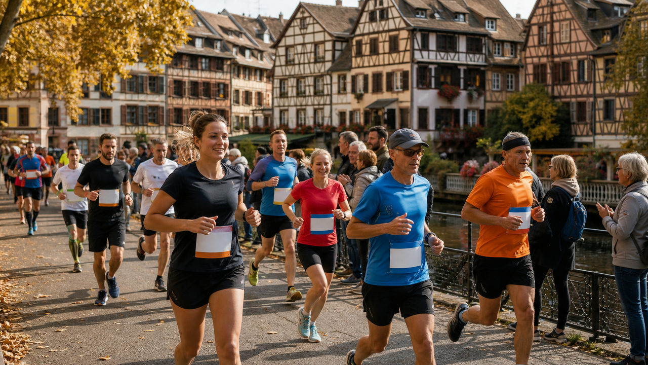 Coureurs lors d'une course à pied en Alsace, devant des maisons à colombages typiques