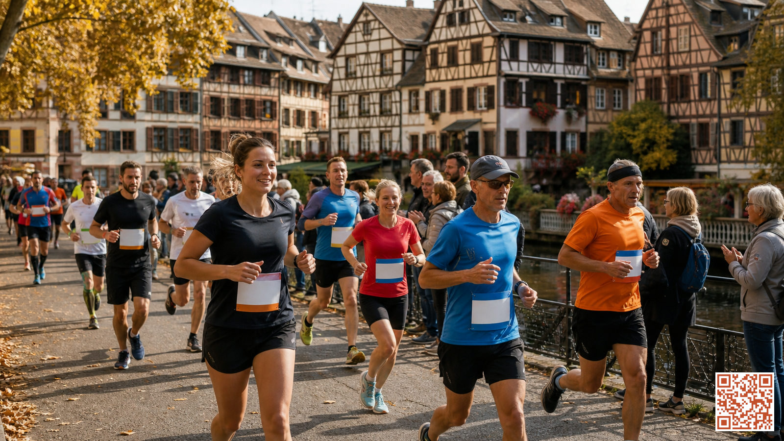 Coureurs lors d'une course à pied en Alsace, devant des maisons à colombages typiques