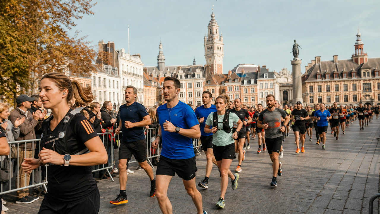 Coureurs en compétition lors d'une course à pied dans une ville du Nord de la France