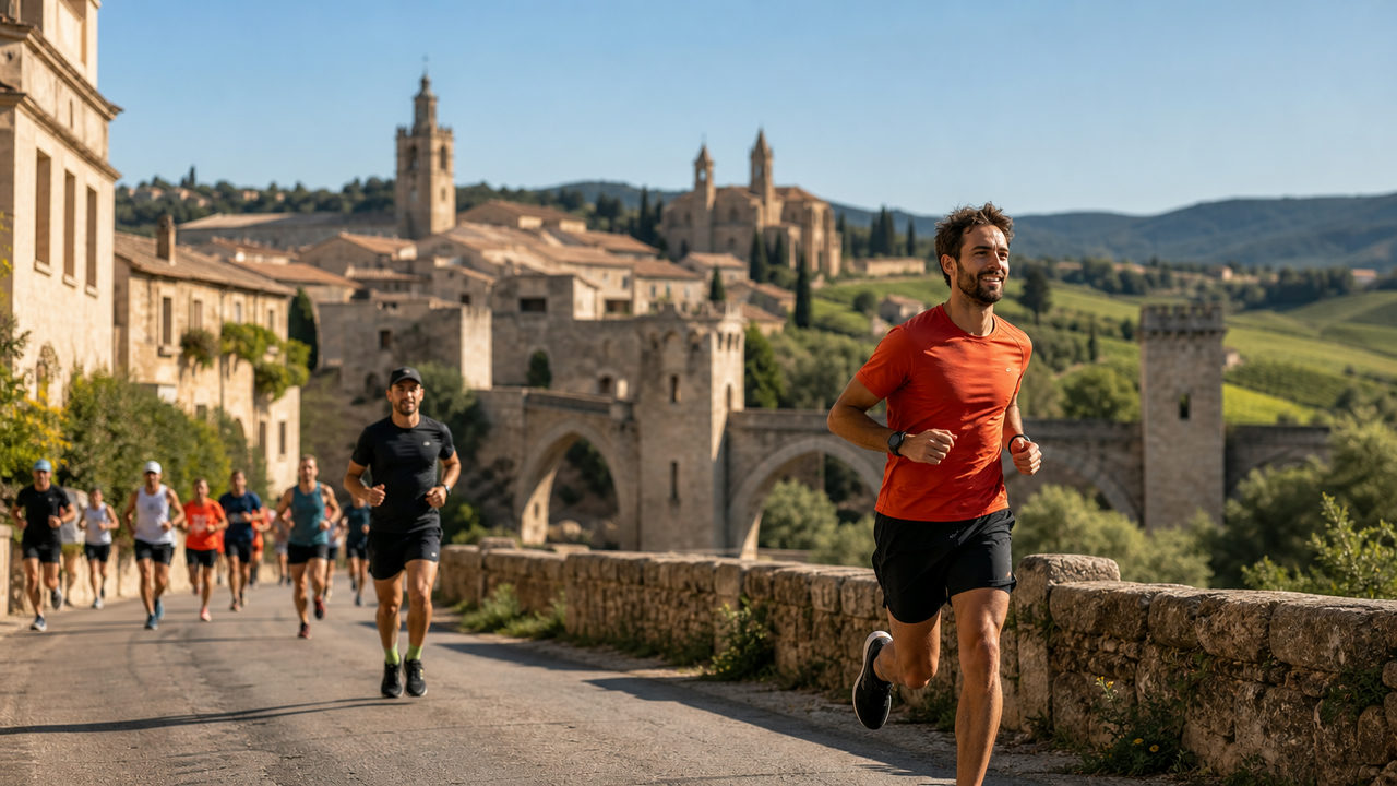 Coureurs sur route en Occitanie avec un pont médiéval et des paysages du Sud-Ouest en arrière-plan